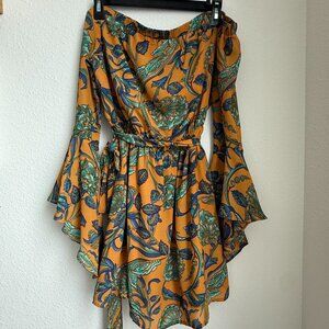 Paisley Butterly Sleeve Off the Shoulder Mini Dress Size L